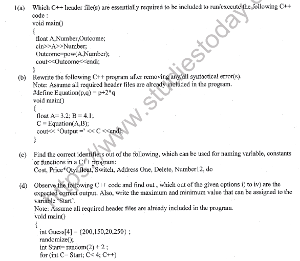 CBSE Class 12 Computer Science Question Paper 2021 Set A Solved